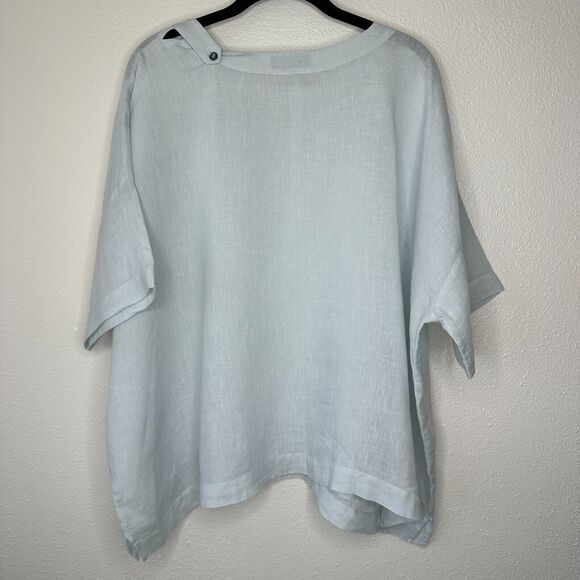 Eskandar Light Blue Boxy Linen Short Sleeve Front Pocket Round Neck Blouse Top 6 - Picture 6 of 12